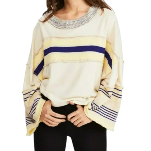 Free People Cooper Striped Knit Top Ivory Yellow Blue Oversized Slouchy Top SZ:L - Picture 2 of 12